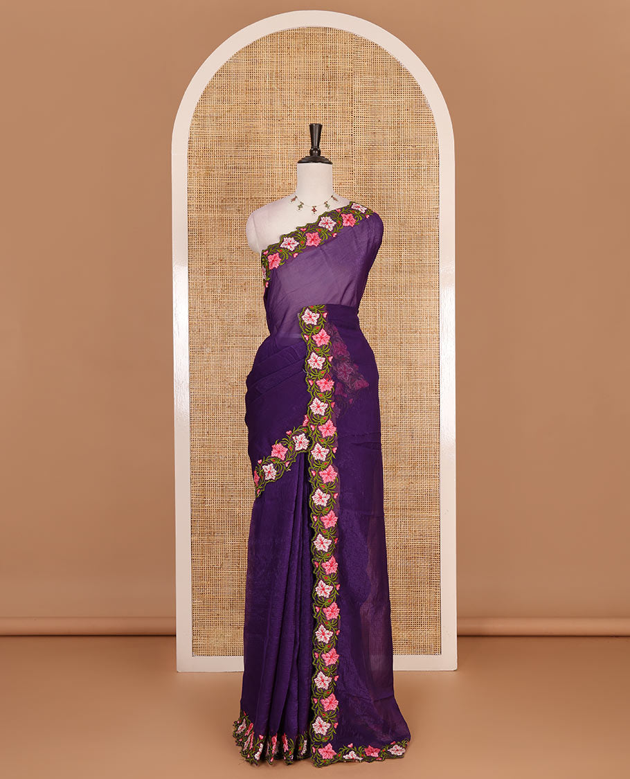 Violet full-plain crunchy crushed saree, scallop floral creeper thread embroidered border, and floral embroidered matching blouse