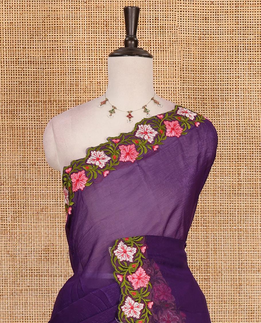 Violet full-plain crunchy crushed saree, scallop floral creeper thread embroidered border, and floral embroidered matching blouse