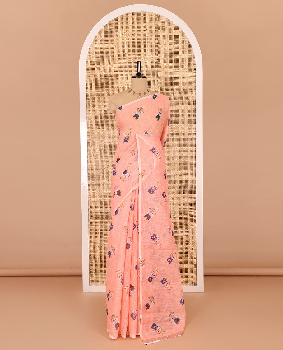 Borderless peach labubu toy motifs printed linen cotton saree with a matching labubu toy s printed blouse