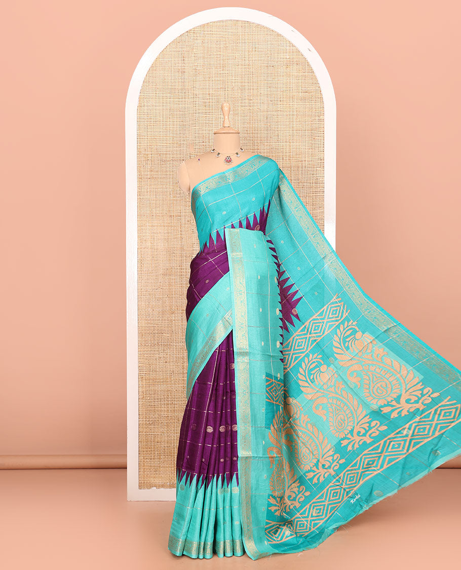 Dark violet and rama zari butta enclosed checked dola silk saree, contrast temple traditional motifs border, paisley motifs printed pallu, and a contrast butta enclosed checked blouse