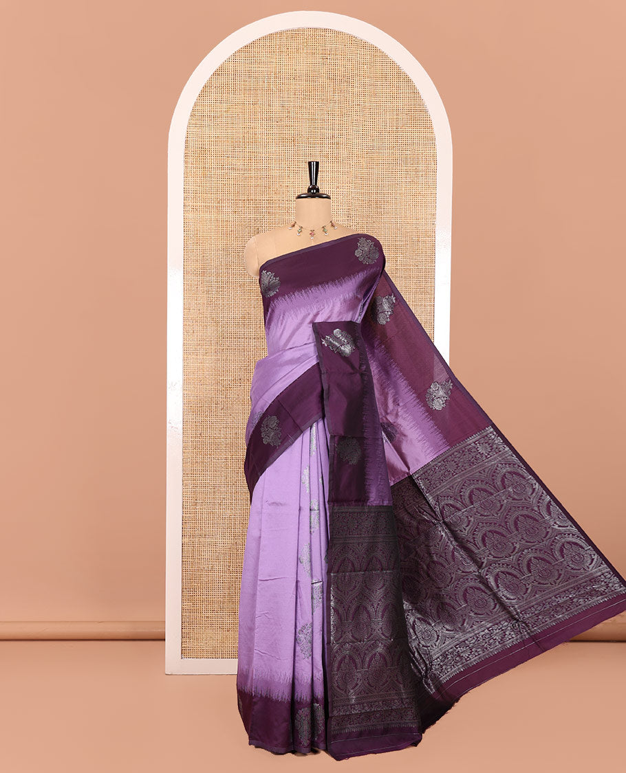 Lavender Kanchi Silk Saree, Adorned with Zari Buttas All Over Its Body, Complemented by a Contrast Border of Unique Buttas, Pallu Grandly Woven with Intricate Designs, and Paired with a Contrast Blouse