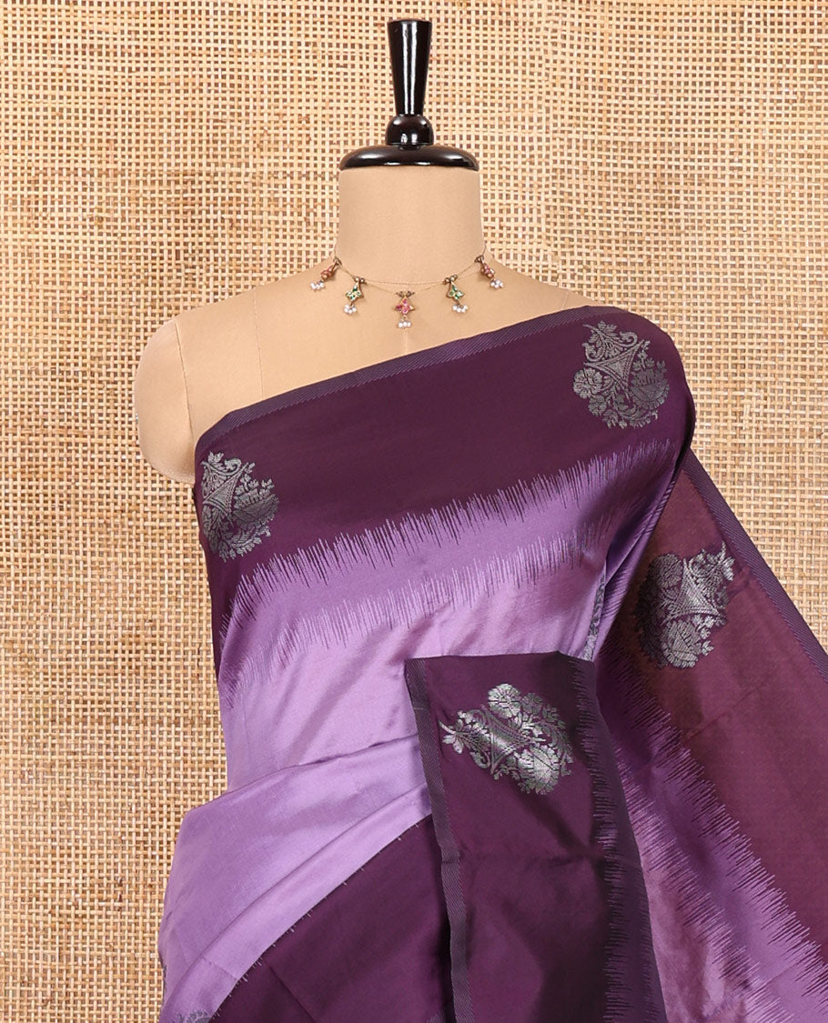 Lavender Kanchi Silk Saree, Adorned with Zari Buttas All Over Its Body, Complemented by a Contrast Border of Unique Buttas, Pallu Grandly Woven with Intricate Designs, and Paired with a Contrast Blouse