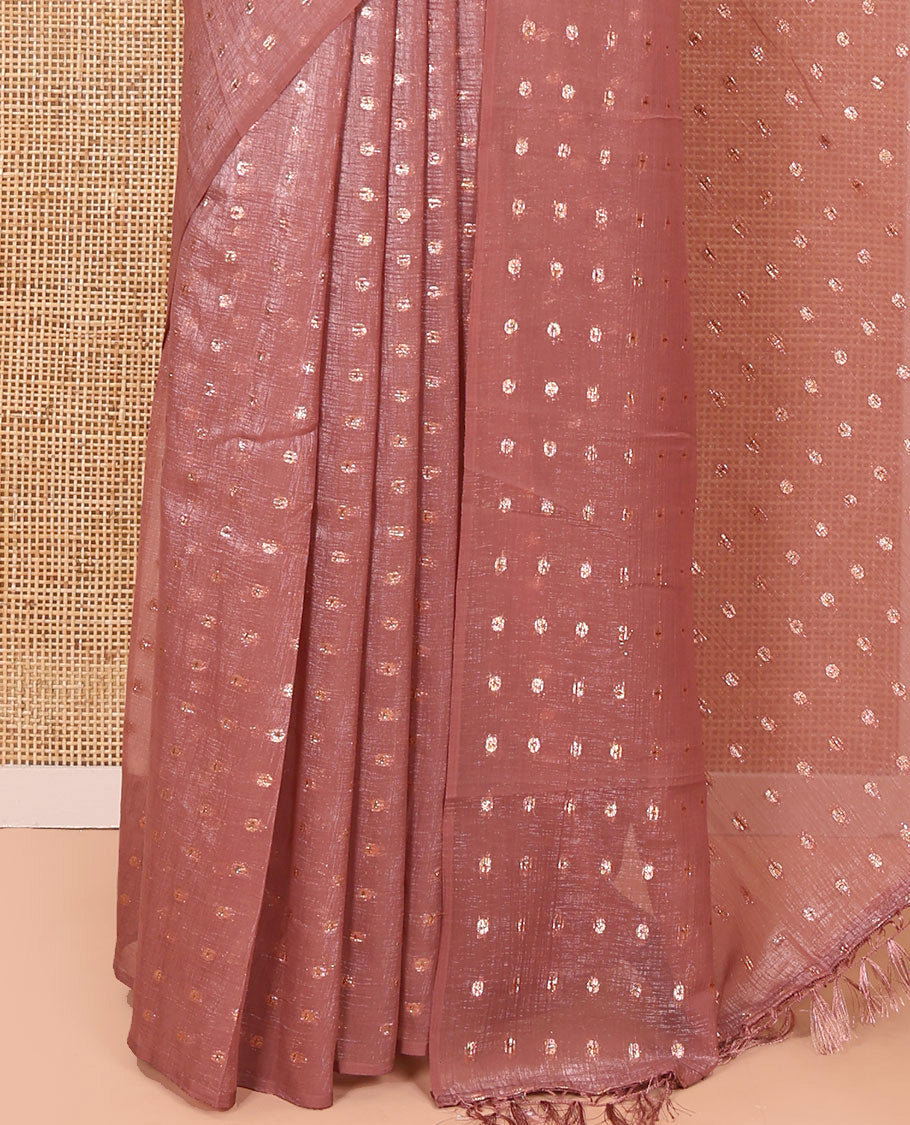 Borderless Rosewood Shimmer Saree, Accentuated with Zari Buttas All Over Its Body, Pallu Mirrors the Same Buttas, and Comes Without a Blouse