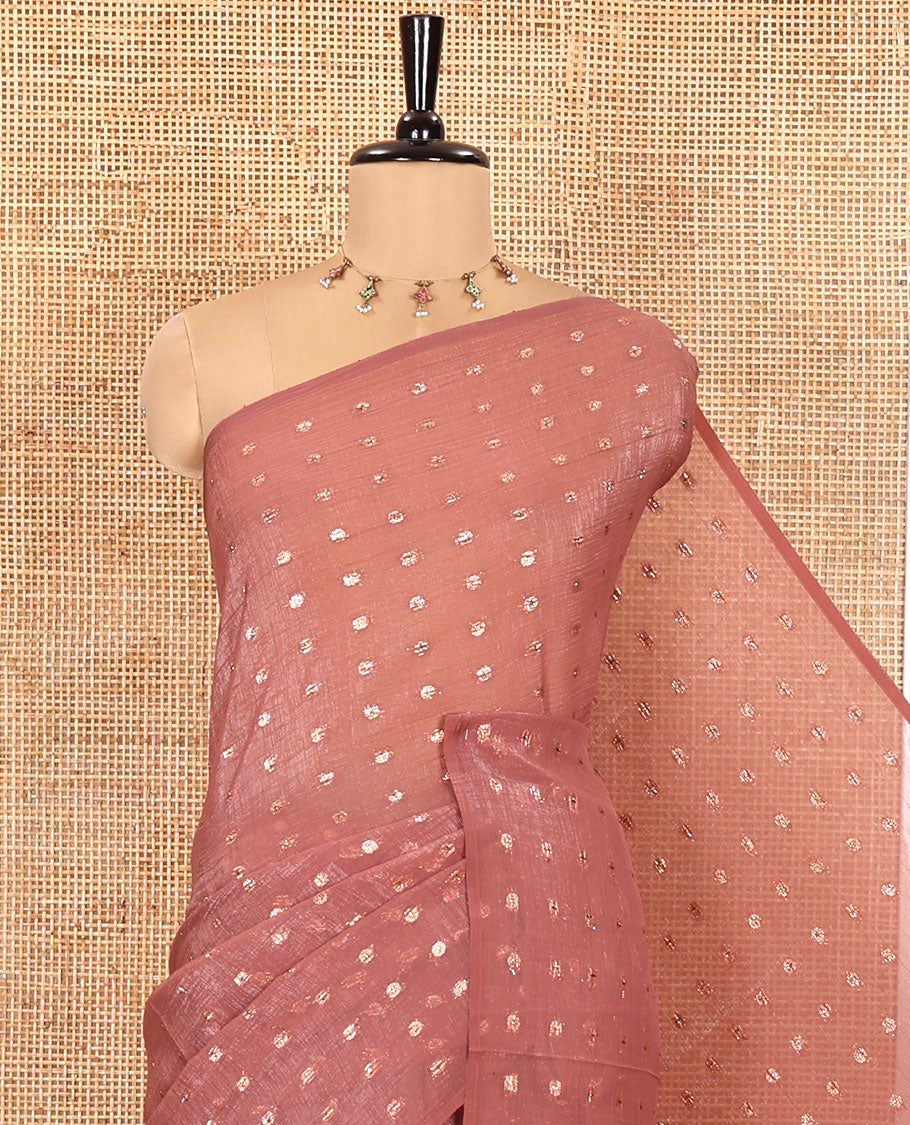 Borderless Rosewood Shimmer Saree, Accentuated with Zari Buttas All Over Its Body, Pallu Mirrors the Same Buttas, and Comes Without a Blouse