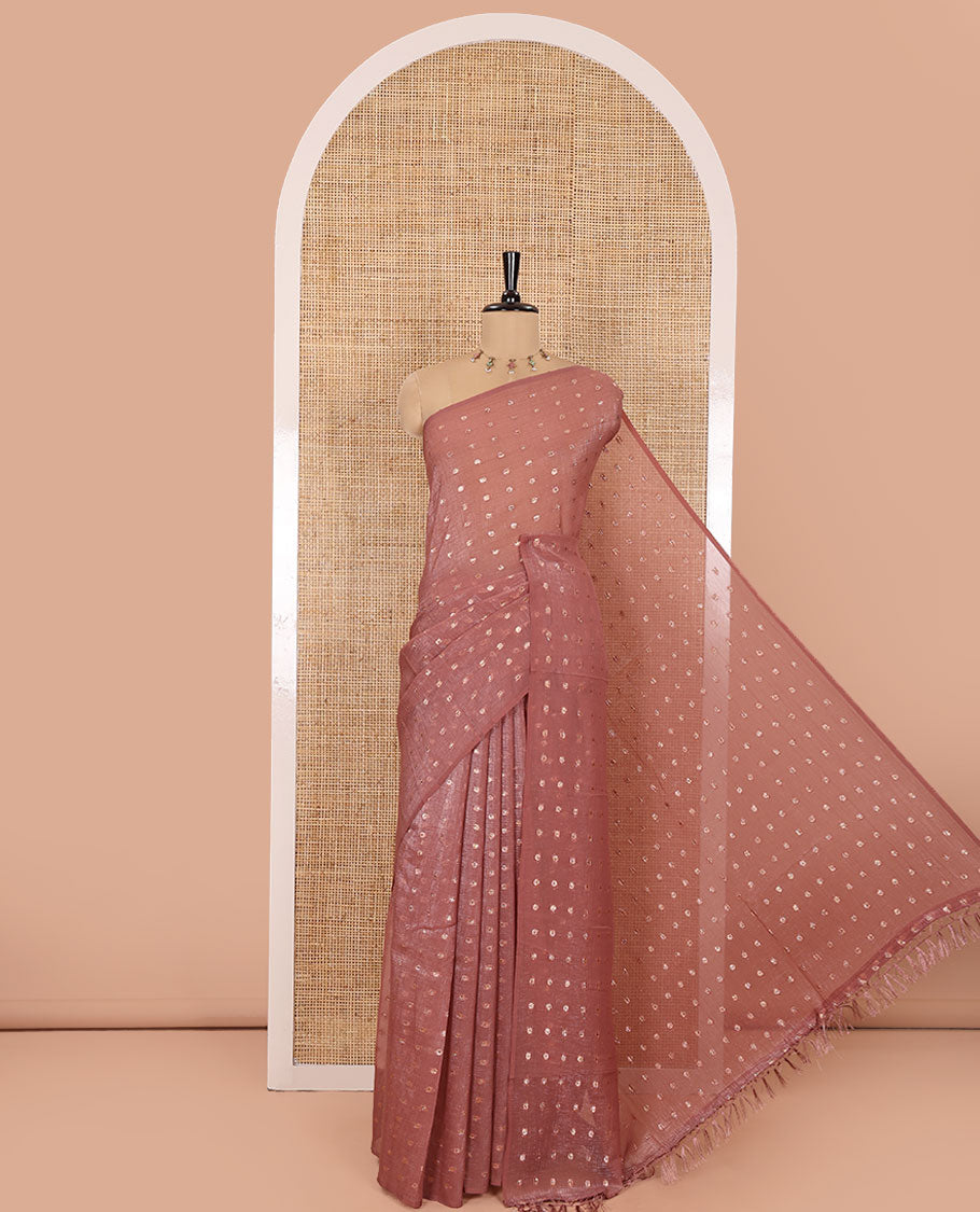 Borderless Rosewood Shimmer Saree, Accentuated with Zari Buttas All Over Its Body, Pallu Mirrors the Same Buttas, and Comes Without a Blouse