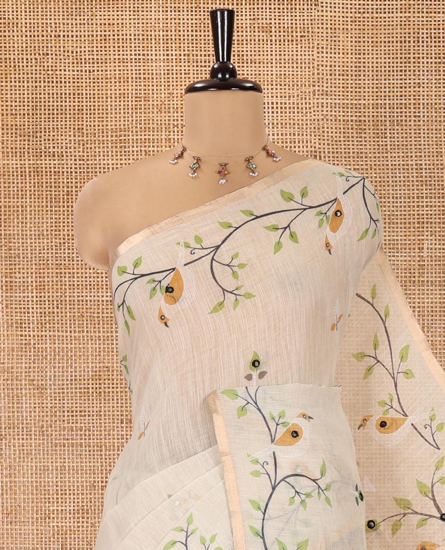 Pista Green Linen Cotton Saree, Embellished with Floral Vine Print and Mirror Work On Its Body, Subtle Piping Border, Pallu Steeped with Stripes, and Comes With a Contrast Blouse