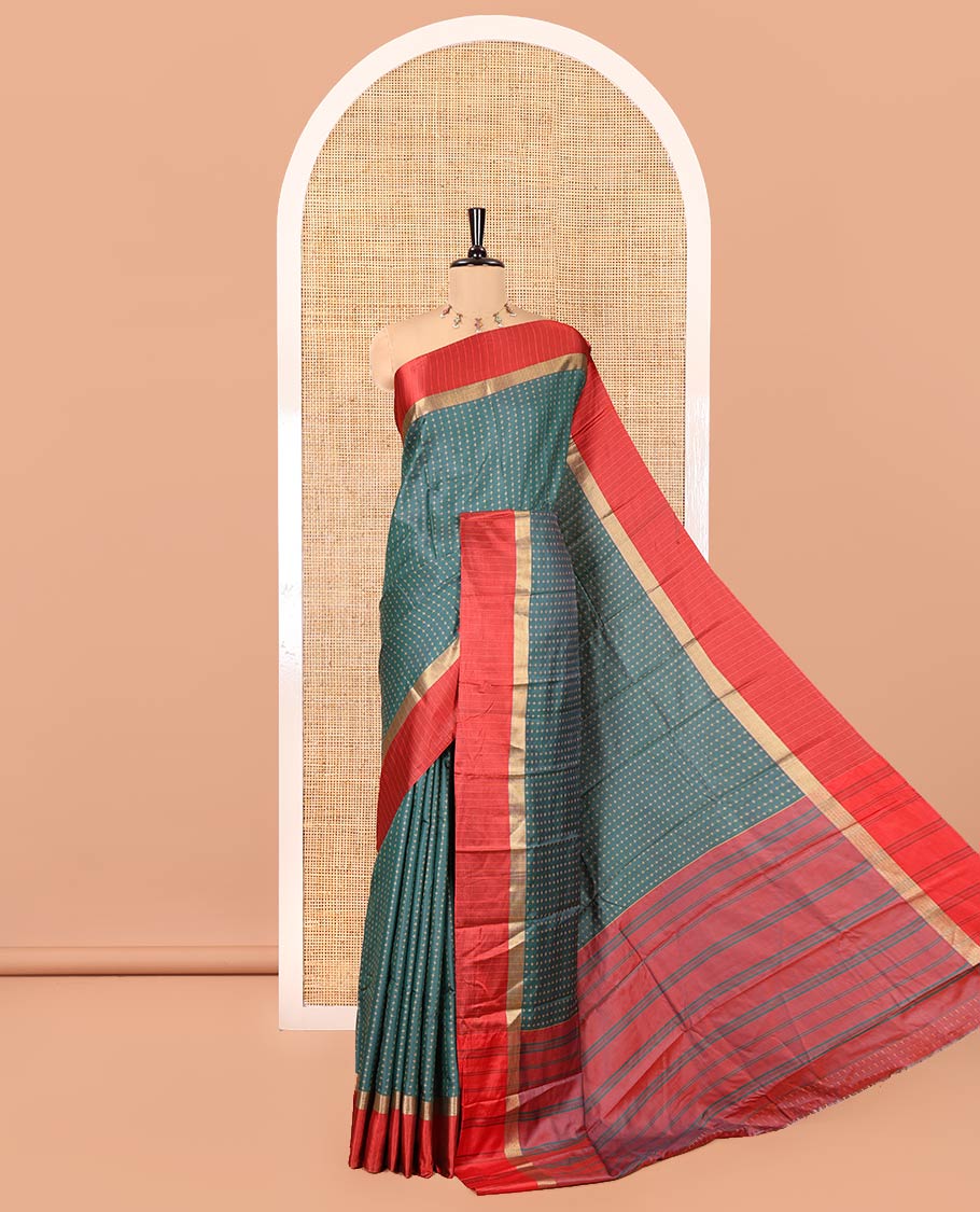 Green Art Soft Silk Saree, Steeped with Plus-Size Buttas All Over Its Body, Complemented by a Contrast Border, Subtly Striped Pallu, and Paired with a Contrast Blouse