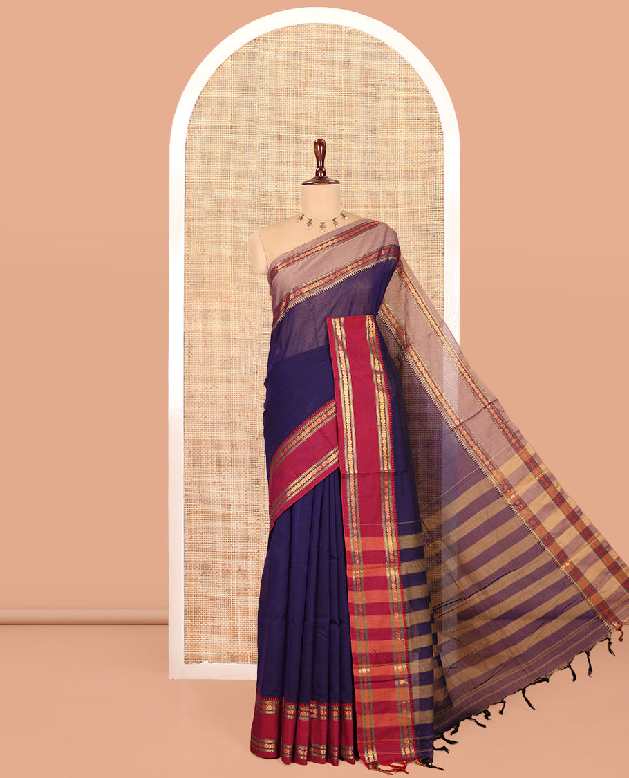 Violet Plain Mercerised Cotton Saree, Contrast Ganga-Jamuna Temple Rudraksha Border, Striped Pallu, and a Matching Blouse