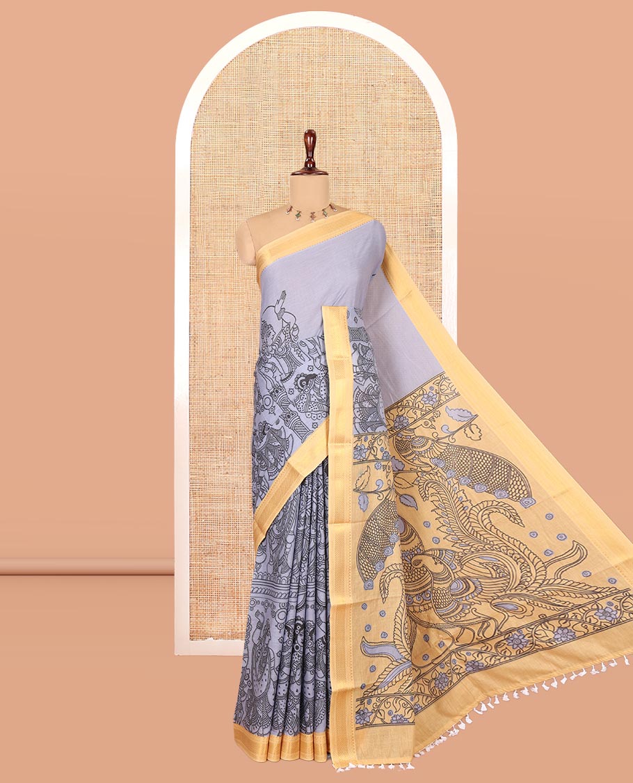 Grey Mangalagiri Cotton Saree Features Kalamkari Flora-Fauna-Humans, a Contrast Border, and Printed Blouse