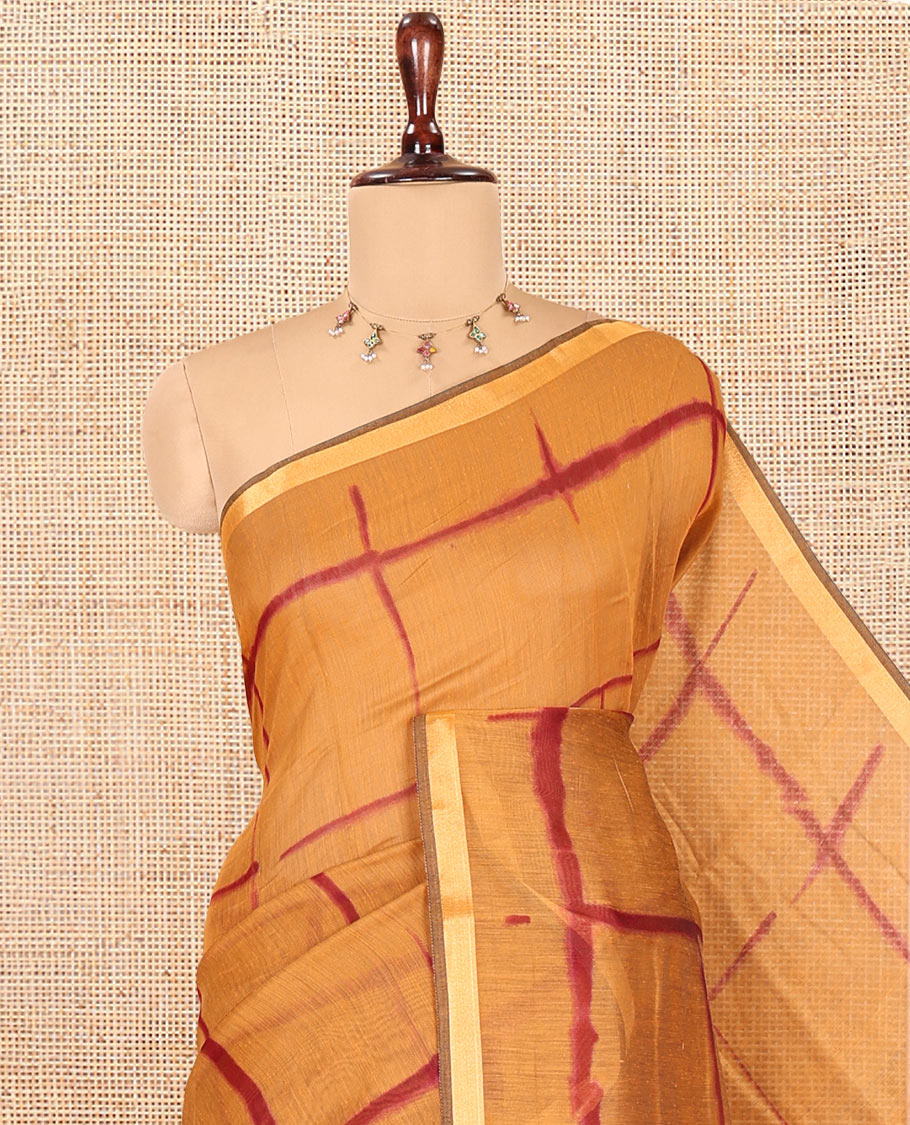 Mustard Linen Cotton Saree, Adorned with Shibori Checks, a Subtle Piping Border, Geometric Pallu, and a Matching Blouse