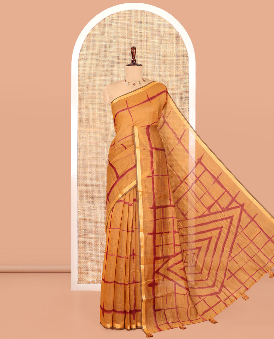 Mustard Linen Cotton Saree, Adorned with Shibori Checks, a Subtle Piping Border, Geometric Pallu, and a Matching Blouse