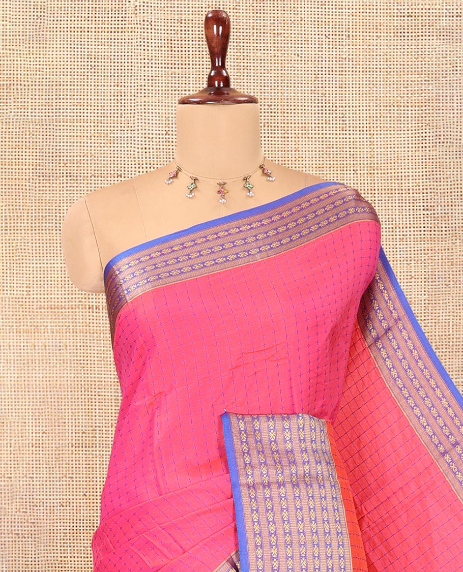 Pink Semi-Soft Silk Saree, Elevated with Plus-Shaped Buttas, Complemented by a Contrast Border, Striped Pallu, and a Contrast Blouse