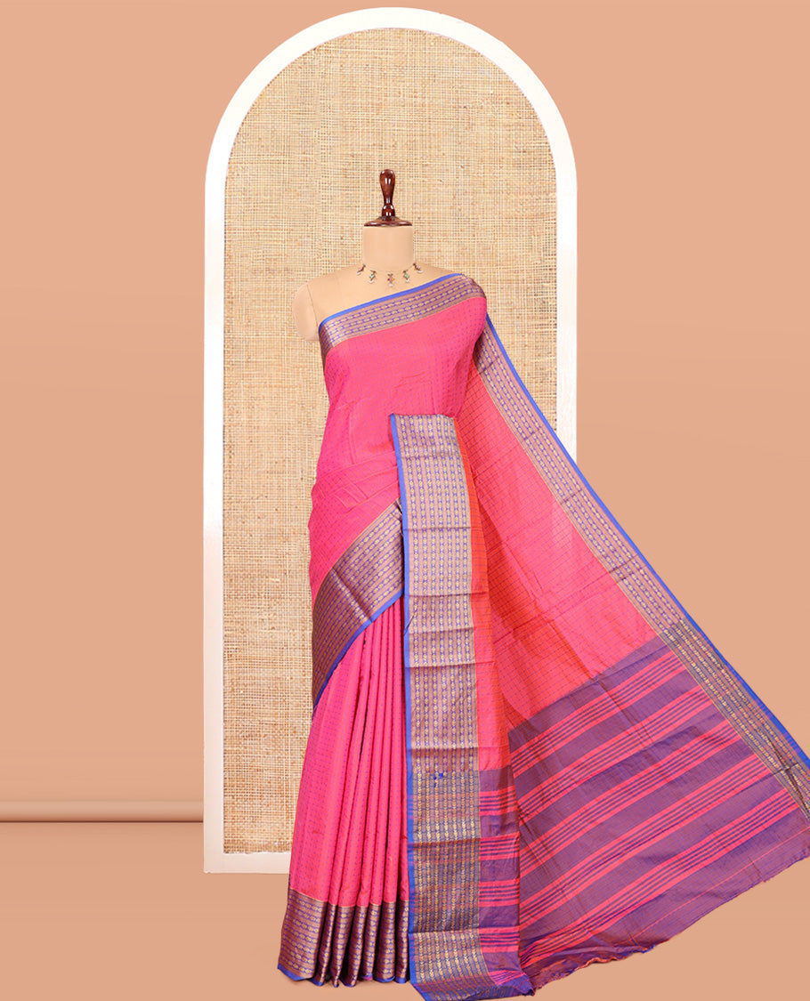 Pink Semi-Soft Silk Saree, Elevated with Plus-Shaped Buttas, Complemented by a Contrast Border, Striped Pallu, and a Contrast Blouse