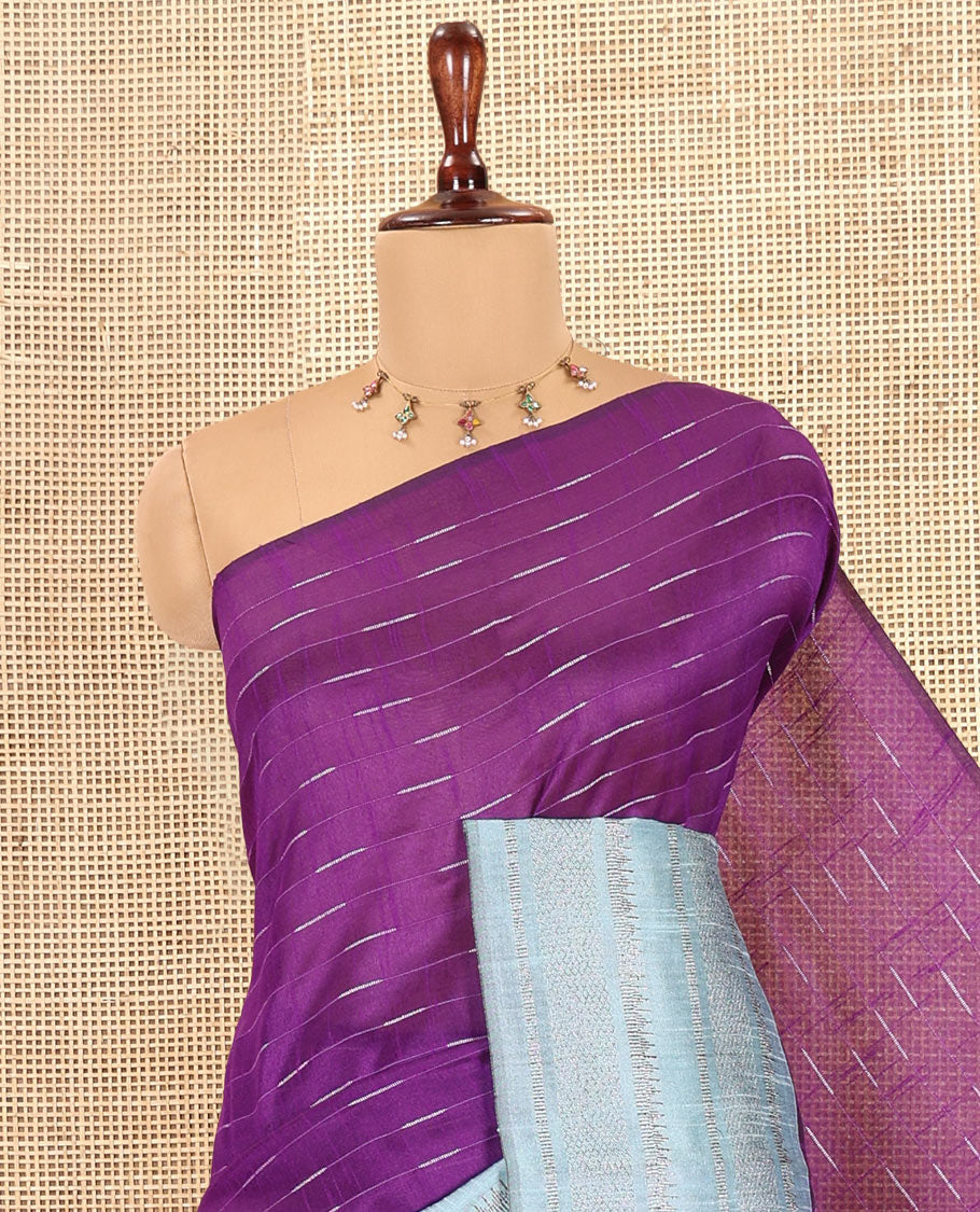 Violet Semi-Raw Silk Saree, Subtly Sparkled with Thread Stripes, a Contrast Traditional Zari Border, Checked Pallu, and a Contrast Blouse