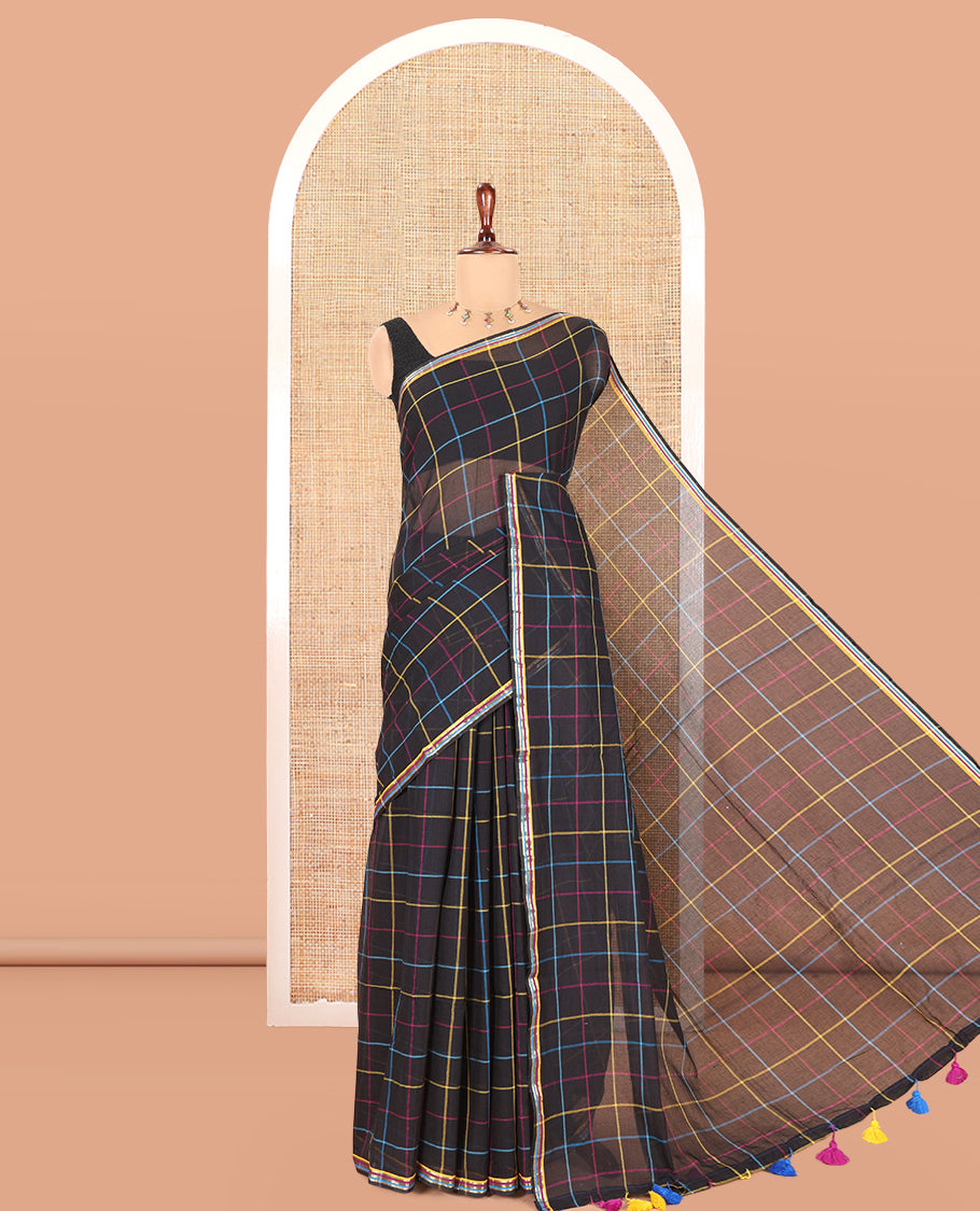 Black Khadi Mul Cotton Saree