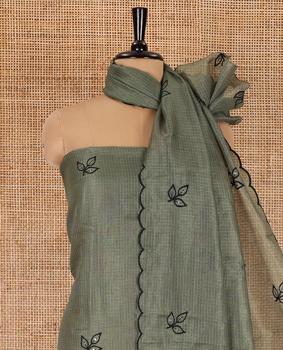 Green material chudidar set, leaf-floral motifs thread and sequins embroidered kota cotton top, a matching bottom, and a leaf motifs thread and sequins embroidered dupatta