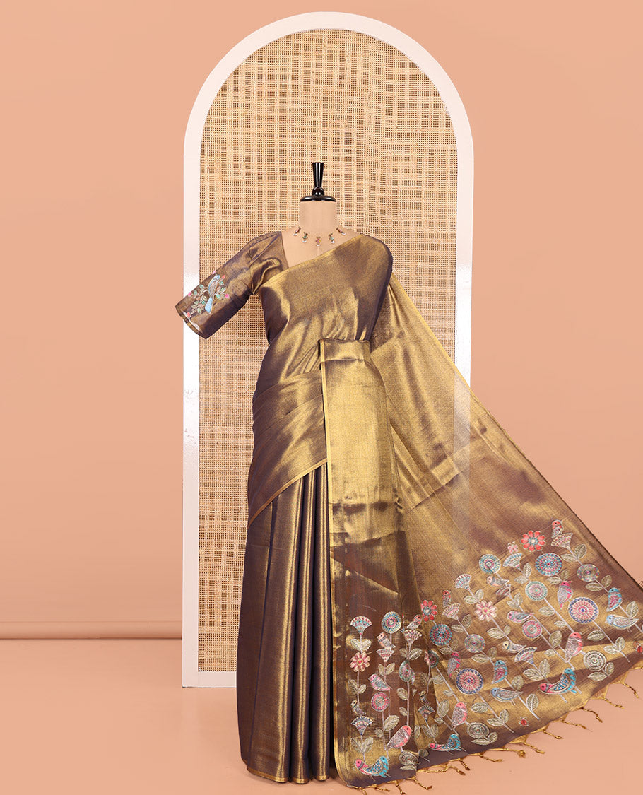 Borderless Navy Blue Tissue Saree, Enthralled with Colorful Floral-Bird Motif Printed with Outline Embroidery on Its Body, and Paired with a Readymade Elbow-Sleeve Round-Neck Blouse