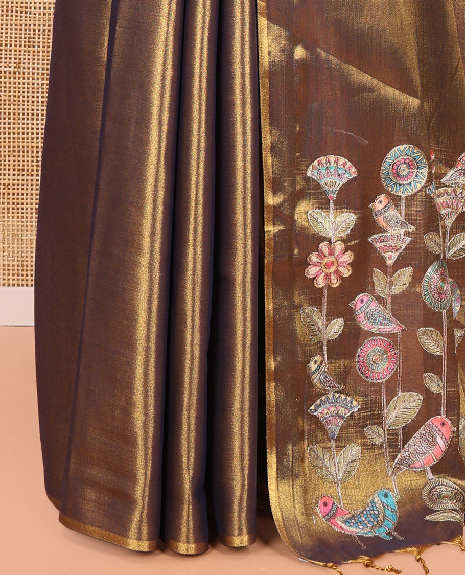 Borderless Navy Blue Tissue Saree, Enthralled with Colorful Floral-Bird Motif Printed with Outline Embroidery on Its Body, and Paired with a Readymade Elbow-Sleeve Round-Neck Blouse