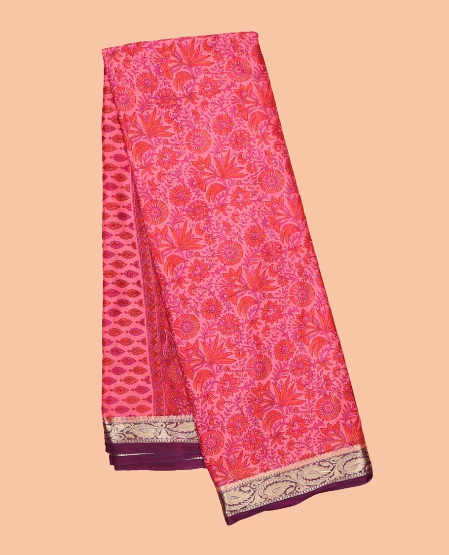 Pink floral vine semi-banaras printed saree, contrast paisley vine border & intricate print