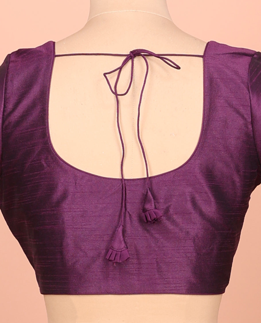 Purple Plain Readymade Blouse Featuring a Front Round-Neck, Back Round-Neck, and Half-Sleeves