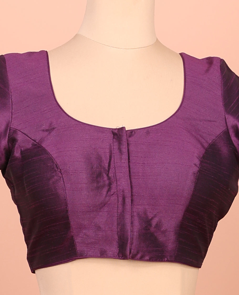 Purple Plain Readymade Blouse Featuring a Front Round-Neck, Back Round-Neck, and Half-Sleeves