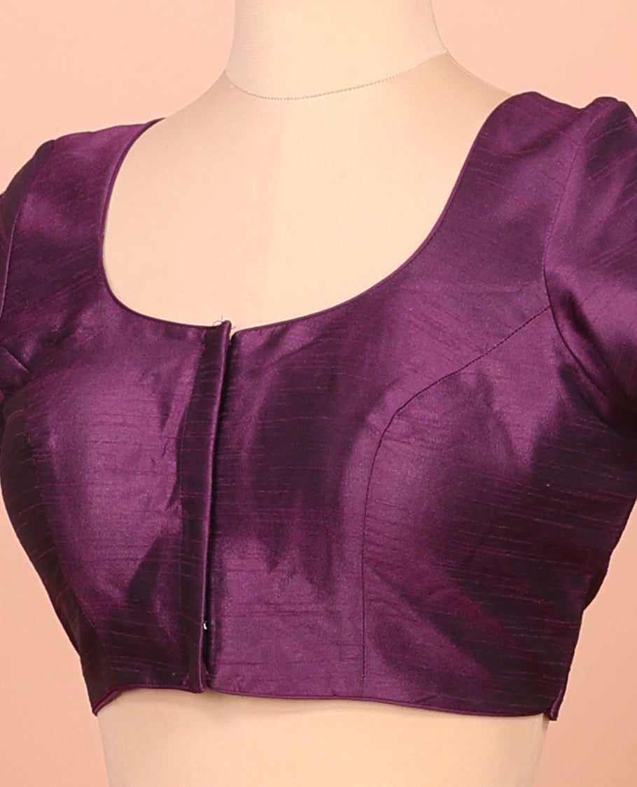 Purple Plain Readymade Blouse Featuring a Front Round-Neck, Back Round-Neck, and Half-Sleeves