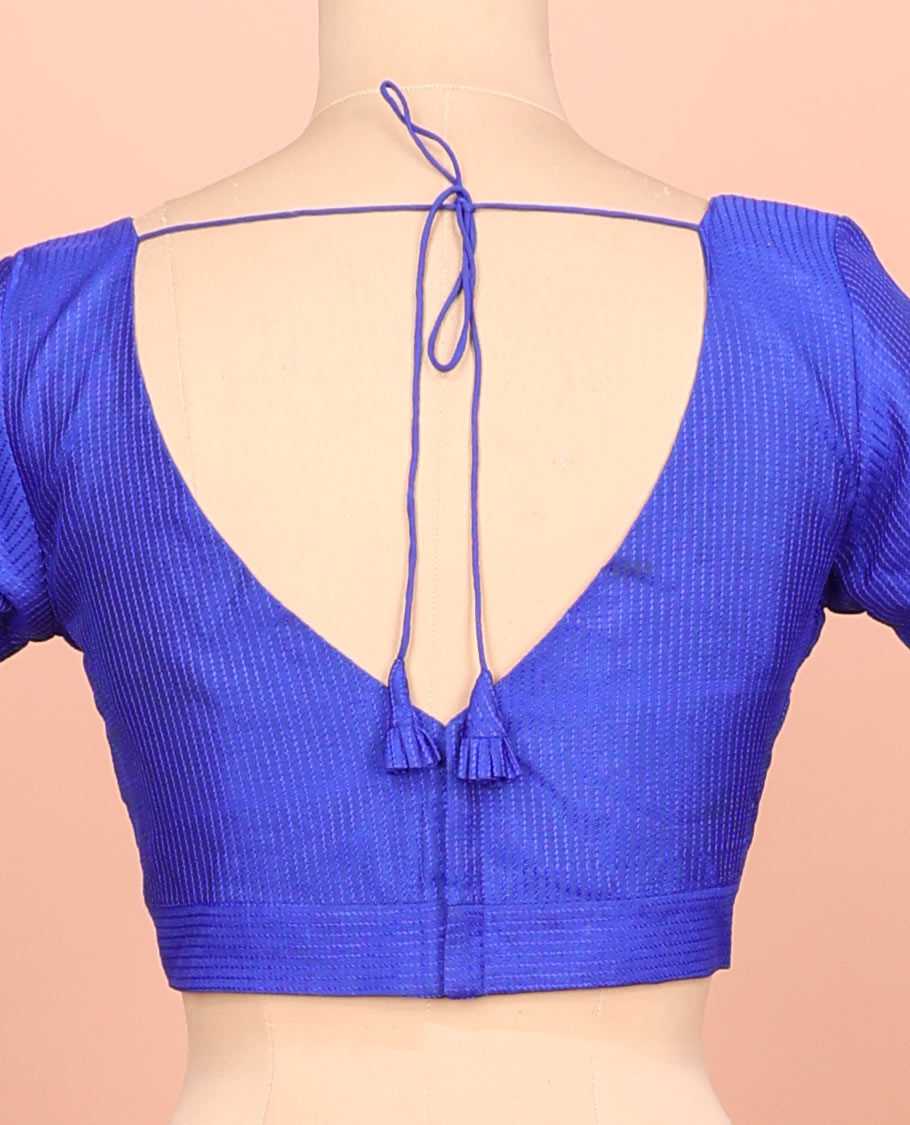 Royal blue thread work front-back leaf-neck elbow sleeve readymade blouse
