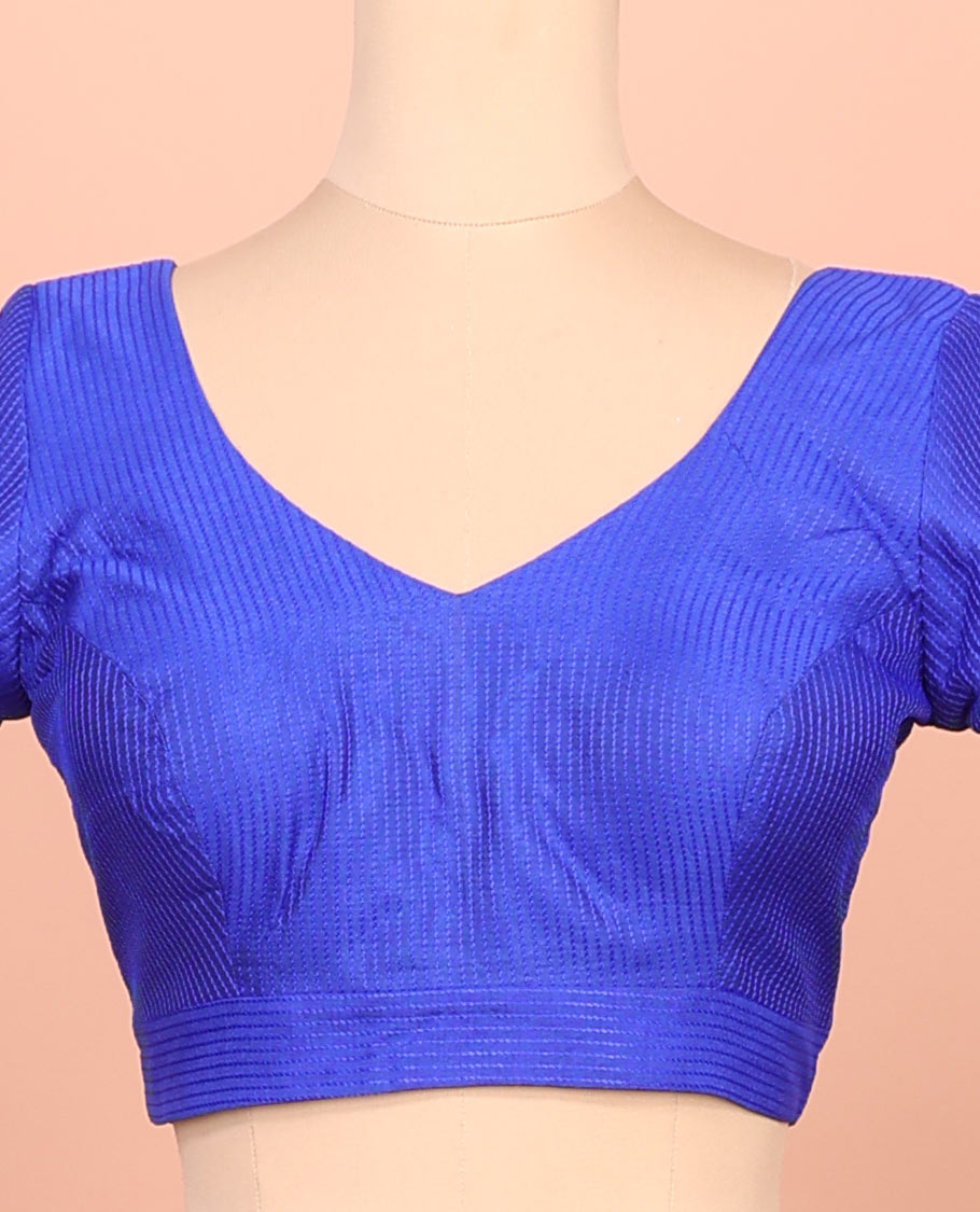 Royal blue thread work front-back leaf-neck elbow sleeve readymade blouse