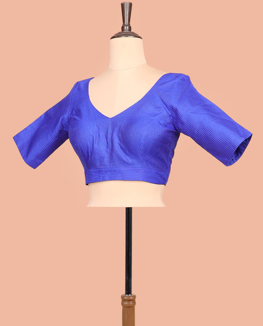 Royal blue thread work front-back leaf-neck elbow sleeve readymade blouse