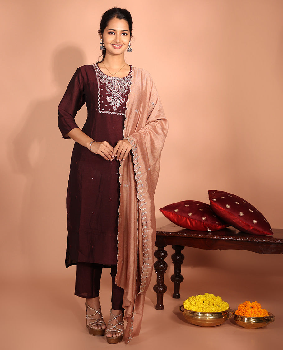 Maroon Vichitra Silk Readymade Suit