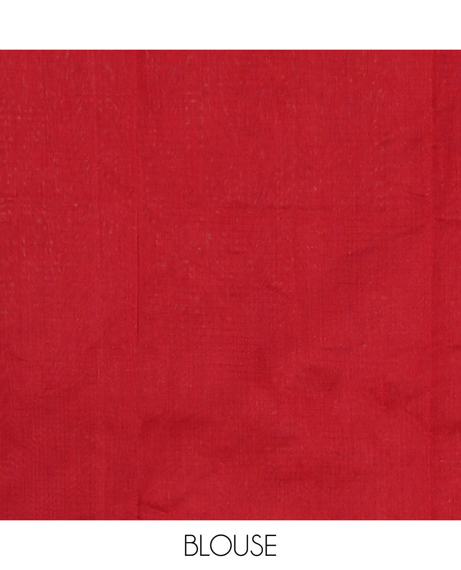 Red buttas silk cotton saree, bavanji border, and pallu features big diamond pattern