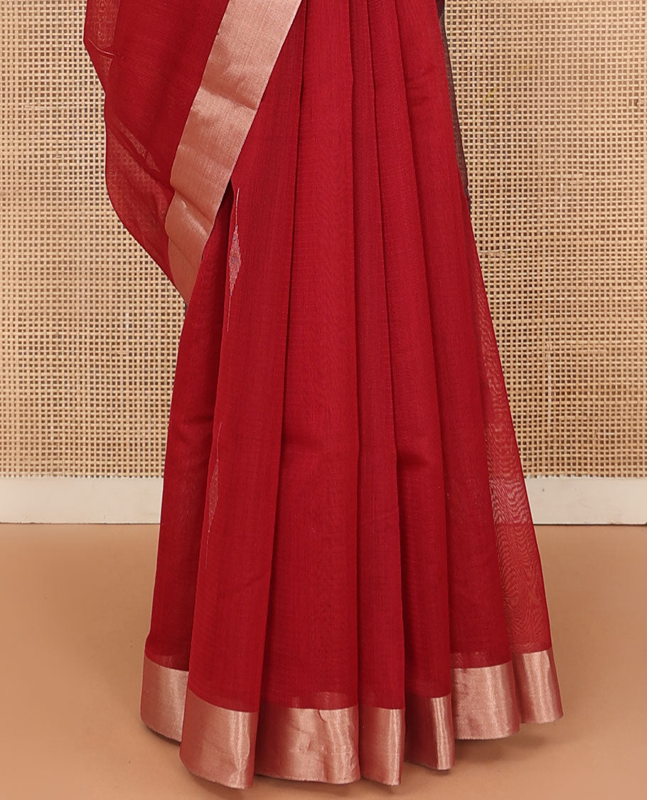 Red buttas silk cotton saree, bavanji border, and pallu features big diamond pattern
