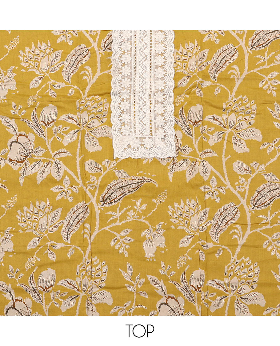 Yellow material chudidar set, floral vine printed with neck embroidered top, contrast plain bottom, and block printed dupatta