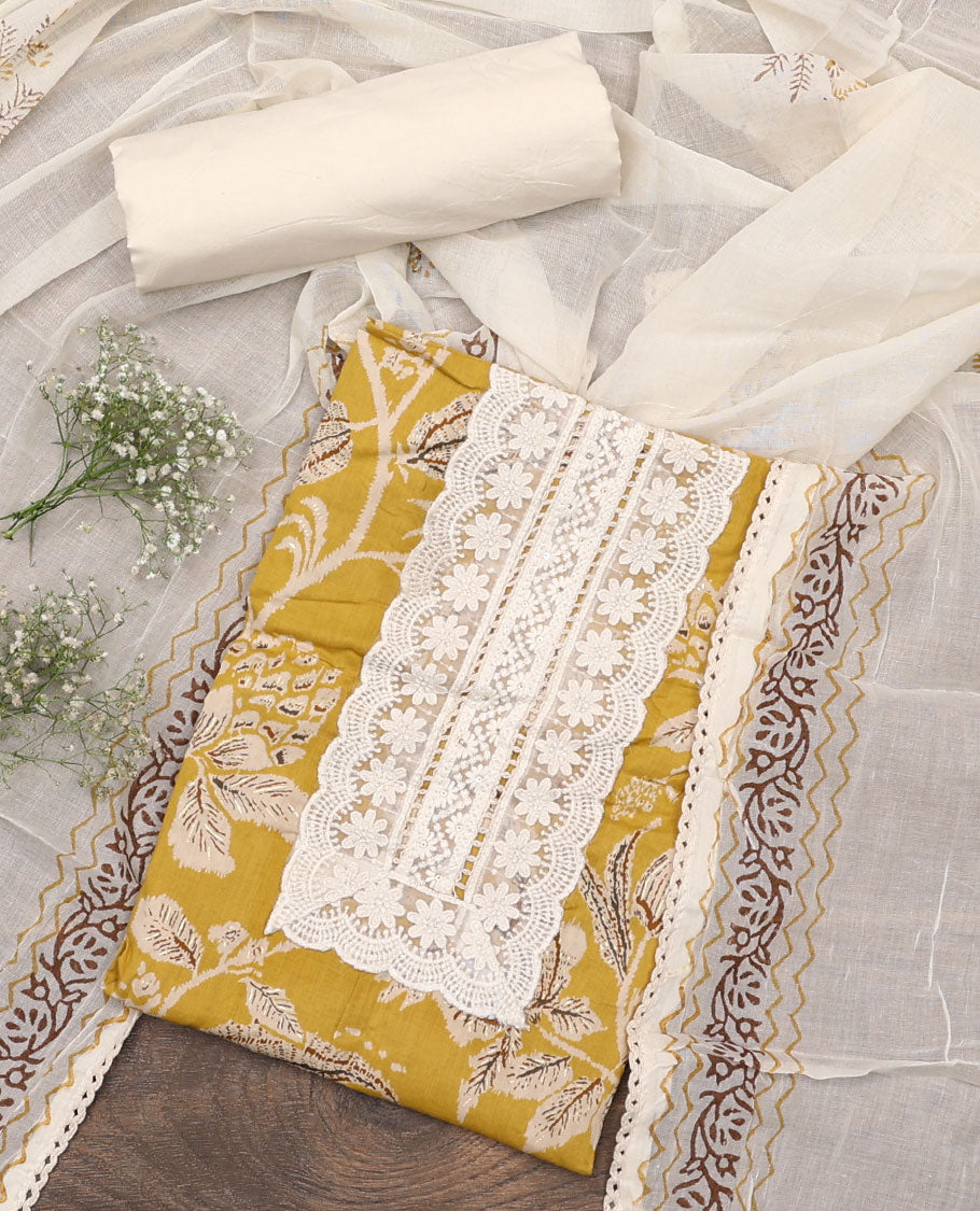 Yellow material chudidar set, floral vine printed with neck embroidered top, contrast plain bottom, and block printed dupatta