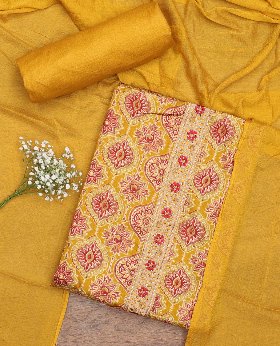 Mustard chudidhar material set floral design with thread embroidery, plain bottom & plain, floral design border dupatta