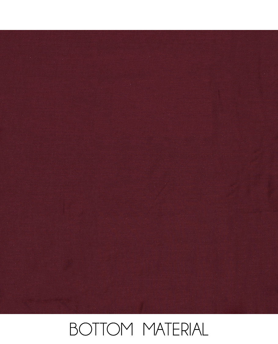 Brown material chudidar set, floral vine print with cloth patch embroidered top, plain bottom, and batik-style floral printed dupatta