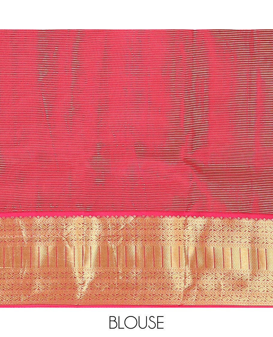 Pale Green Vasundhara Lite Silk Mix Saree, Enriched with Zari Buttas and Stripes on Its Body, Complemented by a Contrast Border of Kathir, Kodi Manga, and Rudraksham Mayil Designs, Majestically Detailed Pallu, and Paired with a Contrast Blouse