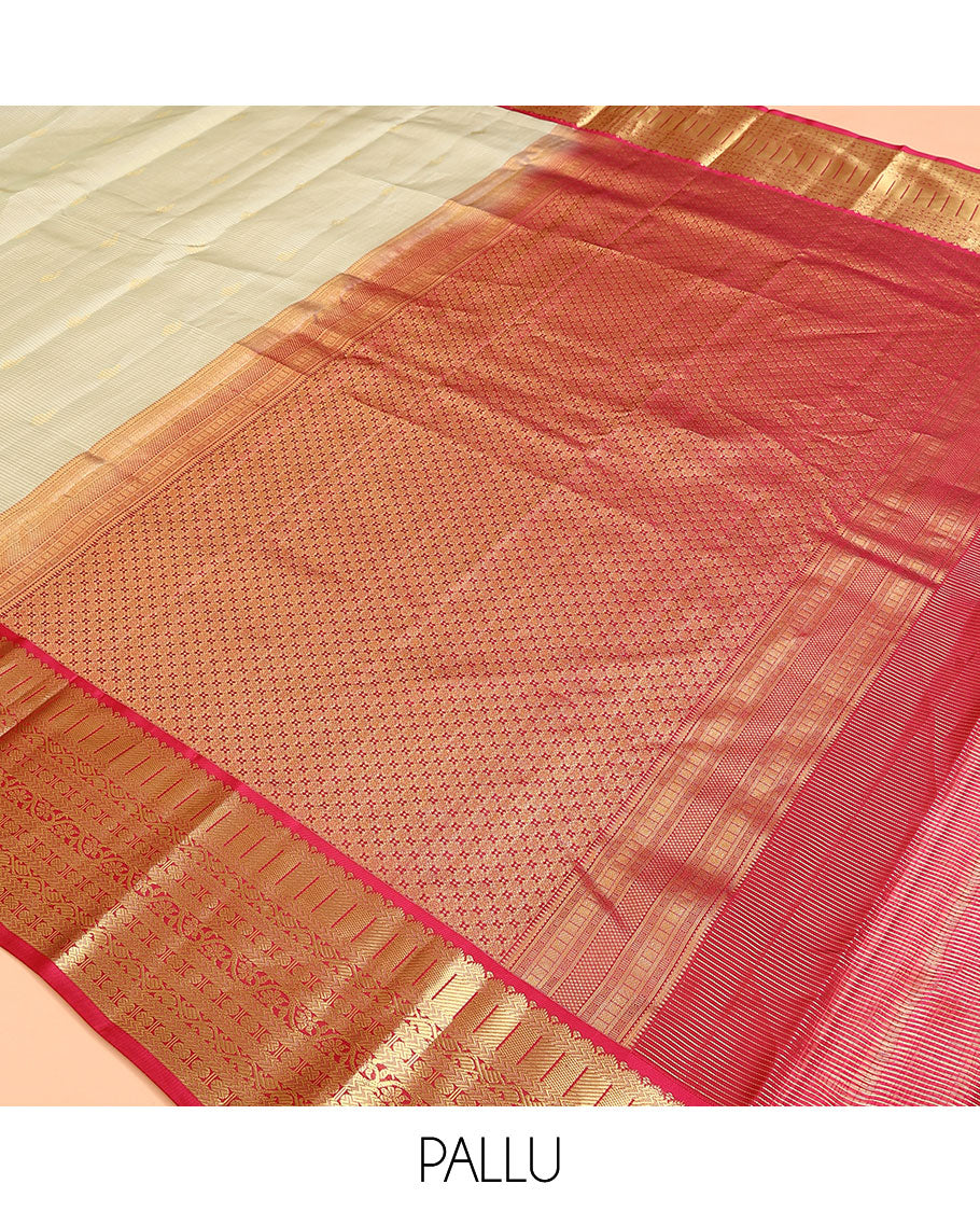 Pale Green Vasundhara Lite Silk Mix Saree, Enriched with Zari Buttas and Stripes on Its Body, Complemented by a Contrast Border of Kathir, Kodi Manga, and Rudraksham Mayil Designs, Majestically Detailed Pallu, and Paired with a Contrast Blouse