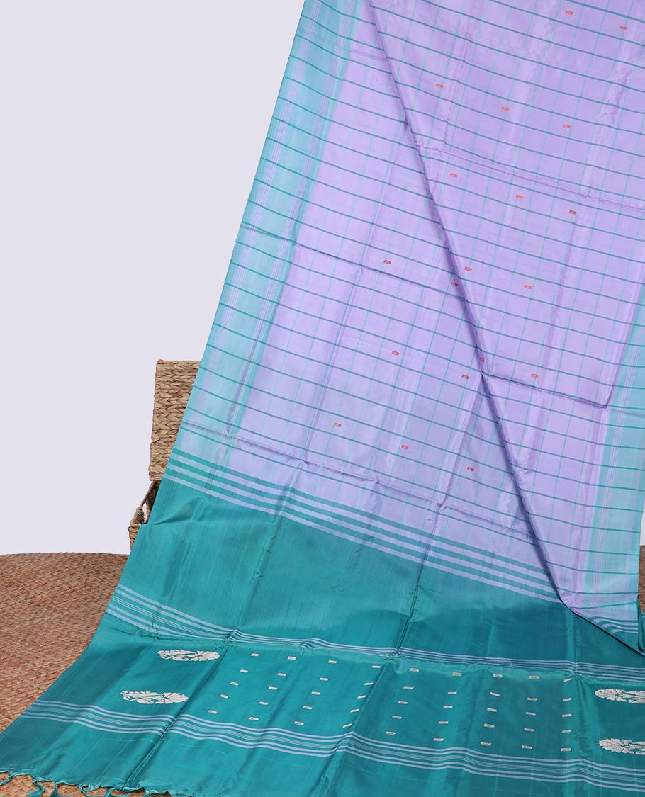 Lavender checked banana pith saree with contrast plain border & striped, floral motifs pallu