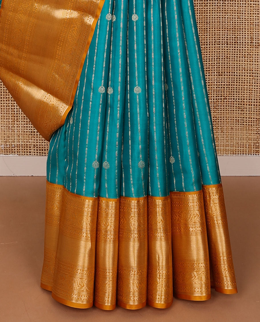 Blue zari buttas silk saree, contrast scallop design pallu & border of thilakam mokku,banaras,muthu,lavangam & kodi visiry