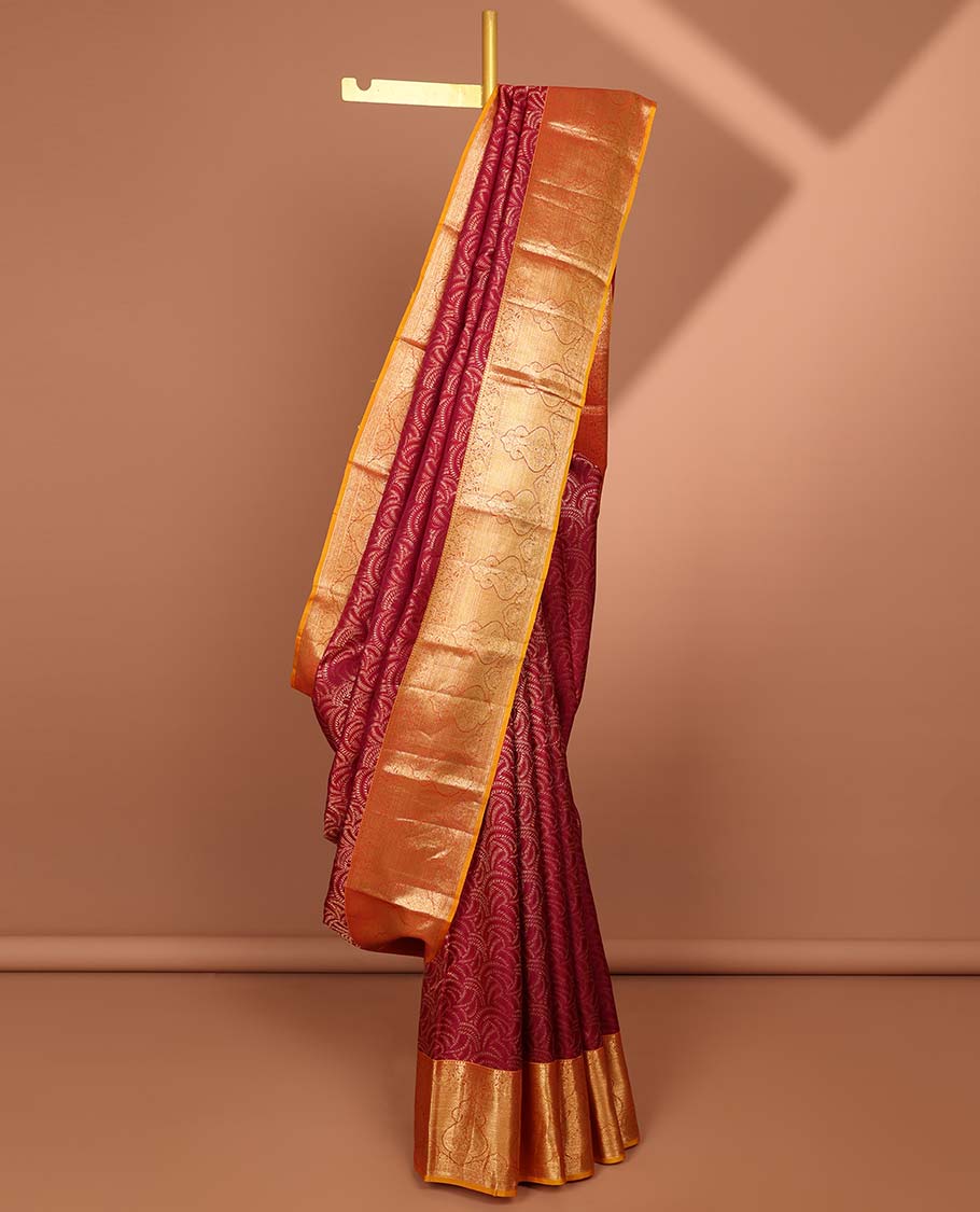 Maroon leaf design kancheepuram silk saree contrast floral border & paisley zari design pallu