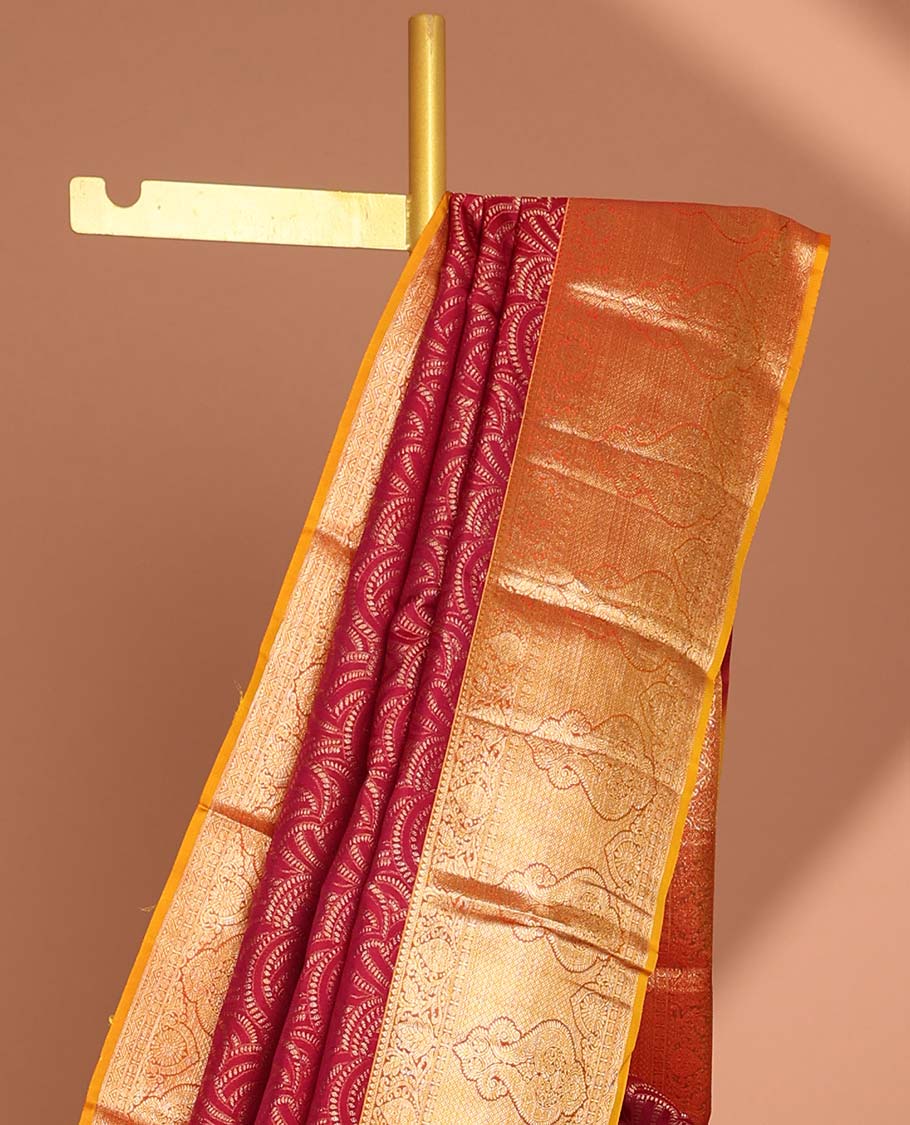 Maroon leaf design kancheepuram silk saree contrast floral border & paisley zari design pallu