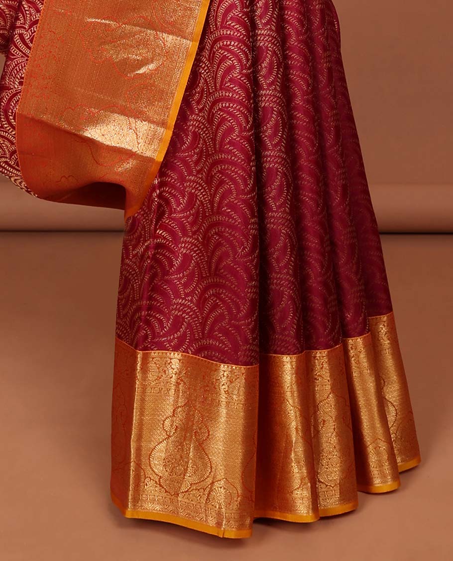 Maroon leaf design kancheepuram silk saree contrast floral border & paisley zari design pallu
