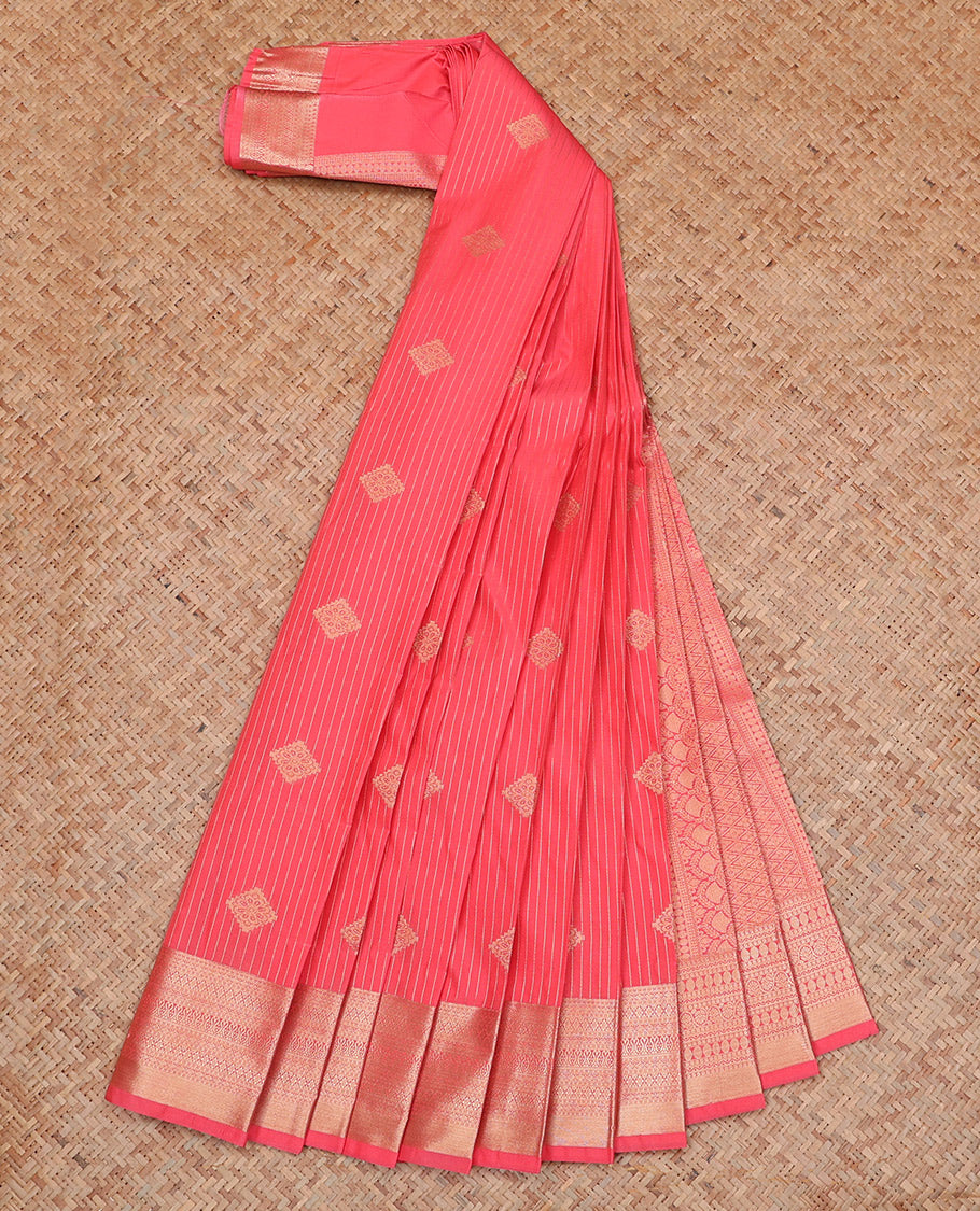 Pink Budget Silk Saree Adorned with Zari Stripes and Diamond Buttas, Highlighted with a Traditional Zari Design Border, Opulently Embellished Pallu of Jaal Design, and Paired with a Matching Blouse