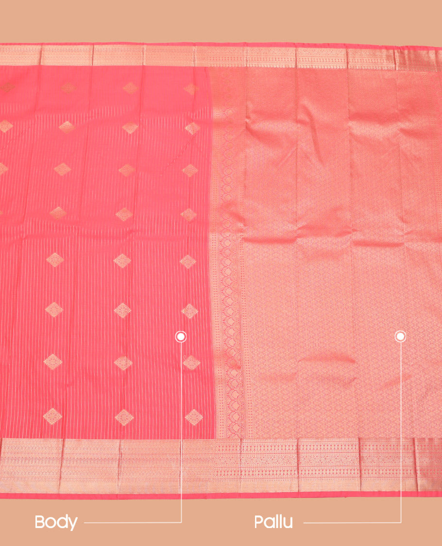Pink Budget Silk Saree Adorned with Zari Stripes and Diamond Buttas, Highlighted with a Traditional Zari Design Border, Opulently Embellished Pallu of Jaal Design, and Paired with a Matching Blouse