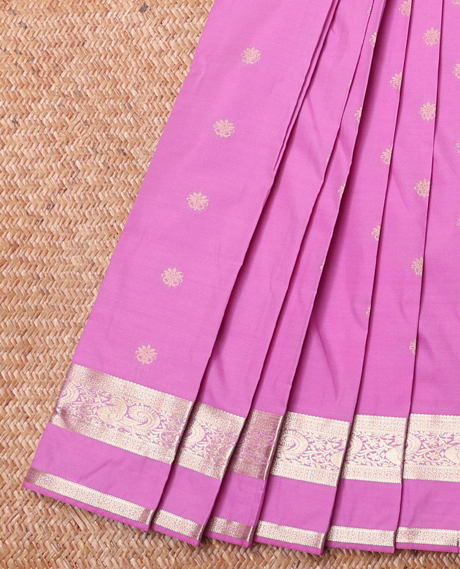 Pink Budget Silk Saree, Prettified with Zari Buttas on Its Body, Traditional Zari Design Rettai Pettu Border, Captivating Contrast Pallu Depicting Intricate Designs, and Paired with a Contrast Blouse