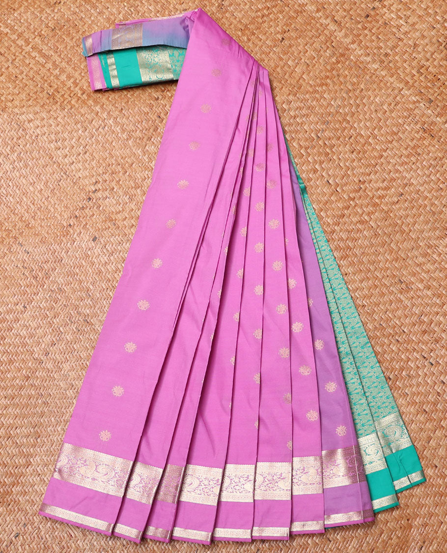 Pink Budget Silk Saree, Prettified with Zari Buttas on Its Body, Traditional Zari Design Rettai Pettu Border, Captivating Contrast Pallu Depicting Intricate Designs, and Paired with a Contrast Blouse