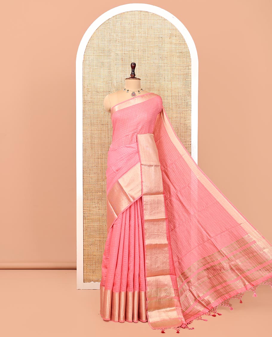 Pink Assam Silk Saree, Sparsely Woven with Checks, Traditional Zari Border, Zari-Striped Pallu, and a Contrast Blouse