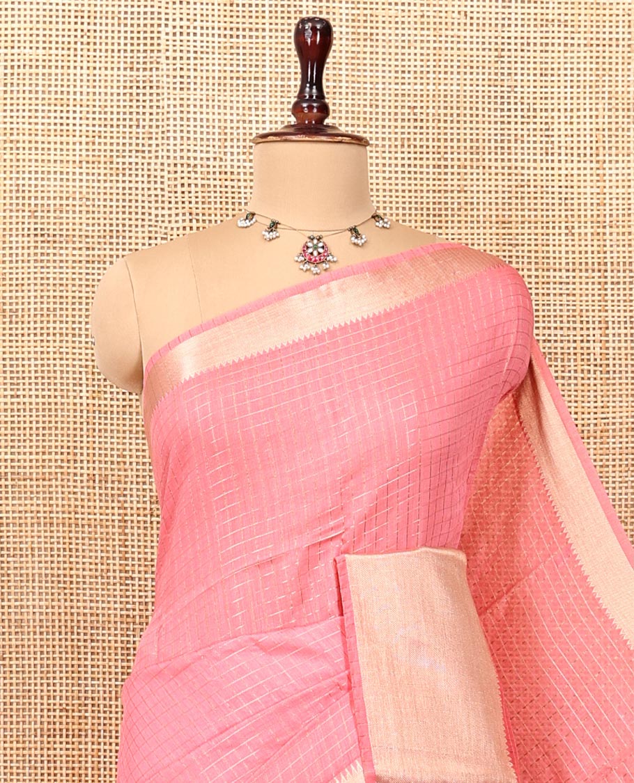 Pink Assam Silk Saree, Sparsely Woven with Checks, Traditional Zari Border, Zari-Striped Pallu, and a Contrast Blouse