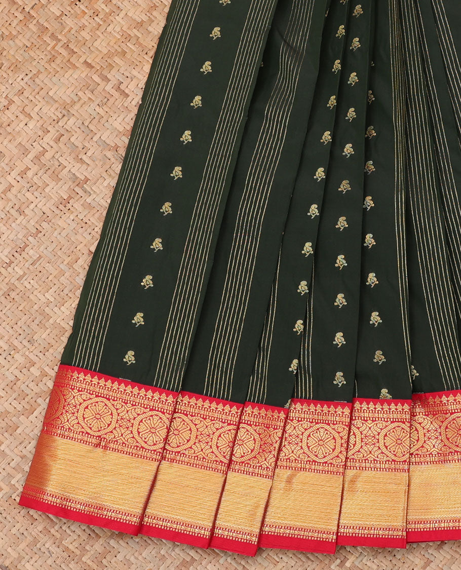 Deep Green Budget Silk Saree, Elevated with Zari Buttas and Stripes, a Contrast Traditional Zari Border, Grand Pallu, and a Contrast Blouse